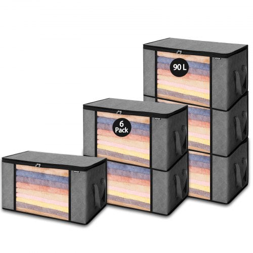 90L Large Storage Bags, 6 Pack Clothes Storage Bin, Foldable Closet Organizers Containers with Handle, Nov-woven Fabric Storage Bag for Clothing, Blanket, Comforter, Bed Sheet, Pillow(Grey)