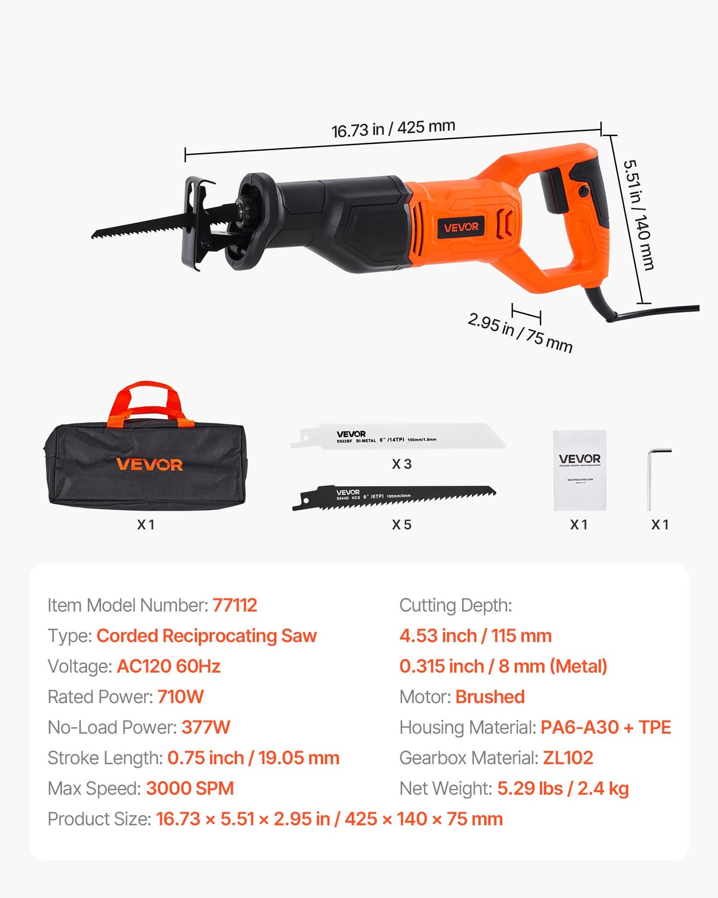 Corded Reciprocating Saw, 120 Volt 6 Amp, 3000 SPM Variable Speed, 3/4 inch Stroke Length, Electric Reciprocating Saw with 8 Blades and Carrying Bag, for Wood, Metal, and Plastic Cutting