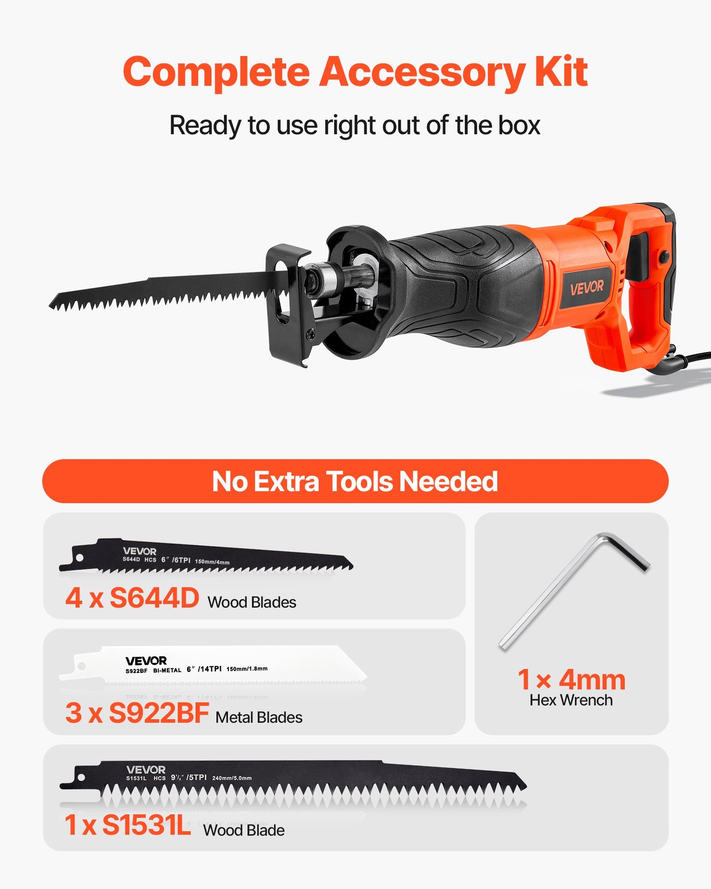 Corded Reciprocating Saw, 120 Volt 7.5 Amp, 2800 SPM Variable Speed, 1-1/8 inch Stroke Length, Electric Reciprocating Saw with 8 Blades and Carrying Bag, for Wood, Metal, and Plastic Cutting