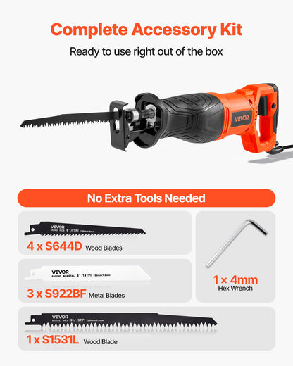 Corded Reciprocating Saw, 120 Volt 7.5 Amp, 2800 SPM Variable Speed, 1-1/8 inch Stroke Length, Electric Reciprocating Saw with 8 Blades and Carrying Bag, for Wood, Metal, and Plastic Cutting
