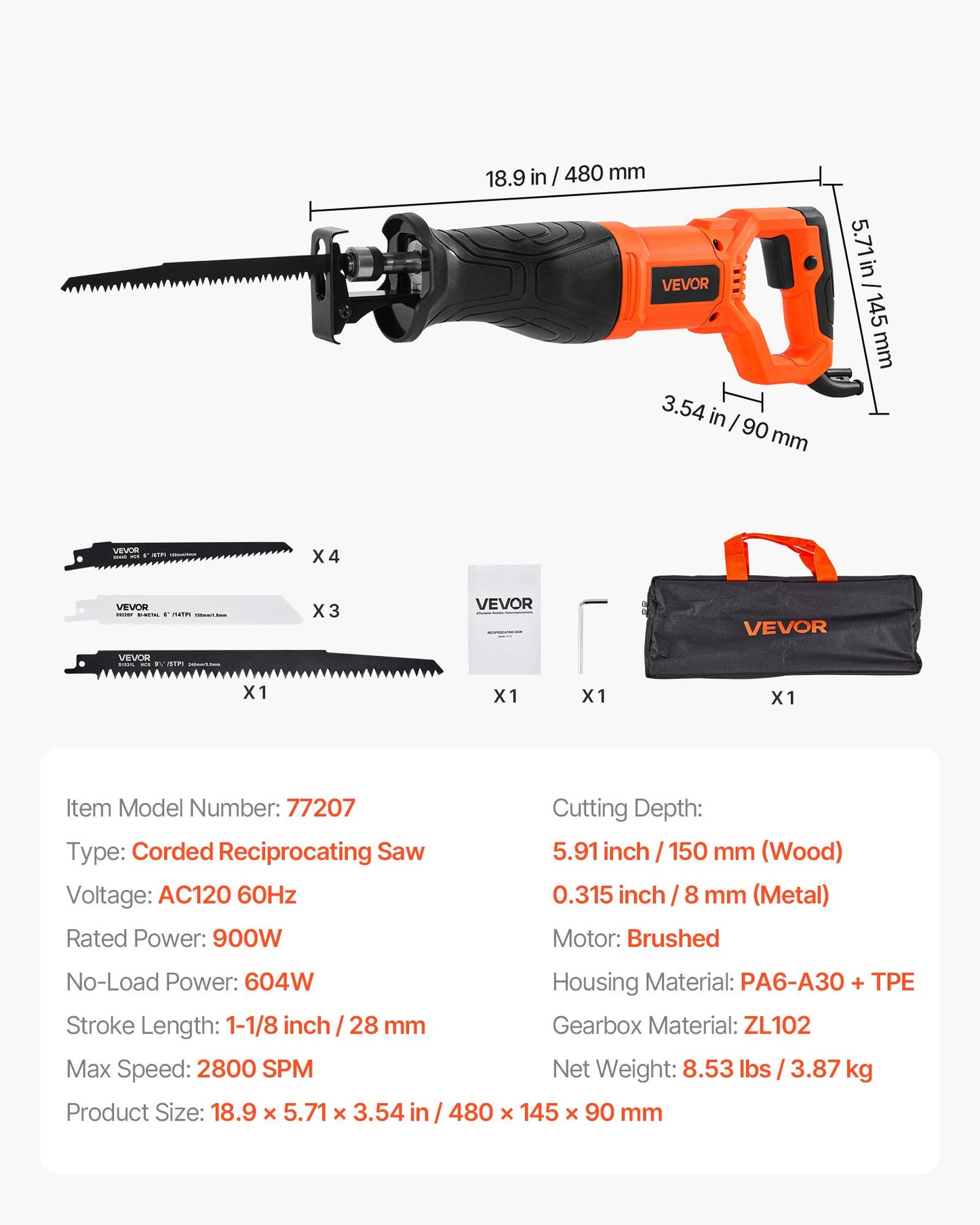Corded Reciprocating Saw, 120 Volt 7.5 Amp, 2800 SPM Variable Speed, 1-1/8 inch Stroke Length, Electric Reciprocating Saw with 8 Blades and Carrying Bag, for Wood, Metal, and Plastic Cutting