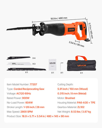 Corded Reciprocating Saw, 120 Volt 7.5 Amp, 2800 SPM Variable Speed, 1-1/8 inch Stroke Length, Electric Reciprocating Saw with 8 Blades and Carrying Bag, for Wood, Metal, and Plastic Cutting