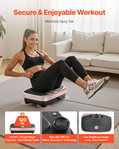 Vibration Plate Exercise Machine, Whole Body Shaker with Magnetic Acupoints for Lymphatic Drainage and Weight Loss, Home Workout Gym Fitness Equipment with 2 Resistance Bands for Women Men, Pink