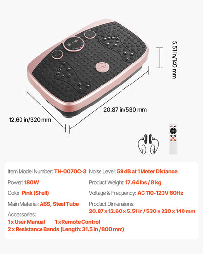 Vibration Plate Exercise Machine, Whole Body Shaker with Magnetic Acupoints for Lymphatic Drainage and Weight Loss, Home Workout Gym Fitness Equipment with 2 Resistance Bands for Women Men, Pink