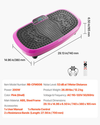 Vibration Plate Exercise Machine, Full Body Shaker with Magnetic Acupoints for Lymphatic Drainage and Weight Loss, Home Gym Workout Fitness Equipment with 2 Resistance Bands for Women Men, Pink