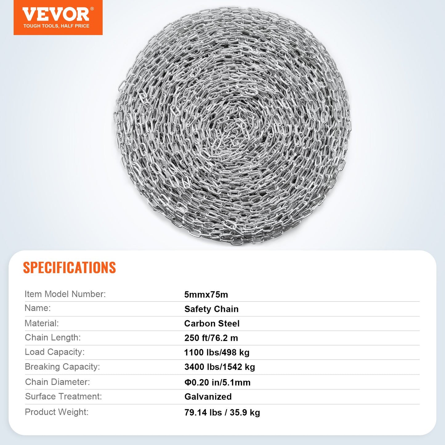 Zinc Plated Proof Coil Chain Carbon Steel Chain Sling 3/16" x 250' 1100lbs