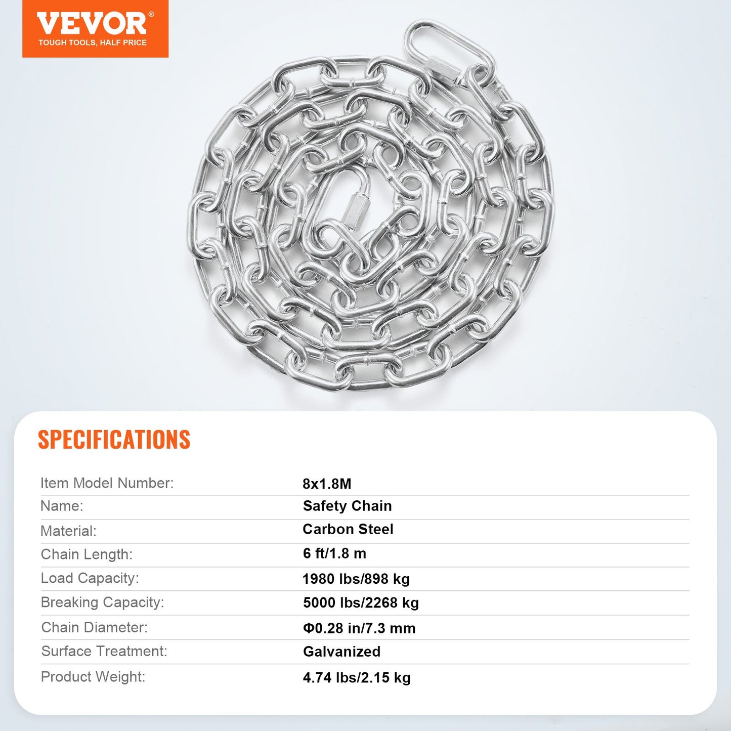 Verzinkte, widerstandsfähige Spiralkette aus Kohlenstoffstahl, Anschlagkette 5/16" x 6', 1980 lbs