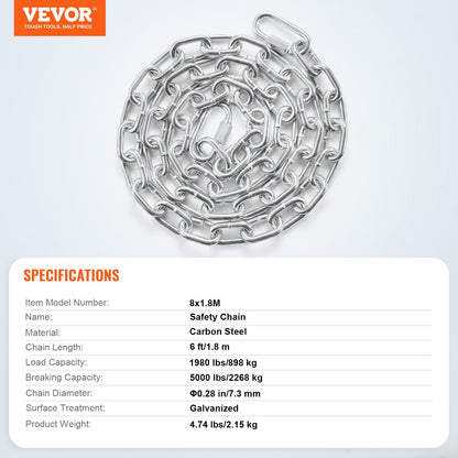 Verzinkte, widerstandsfähige Spiralkette aus Kohlenstoffstahl, Anschlagkette 5/16" x 6', 1980 lbs