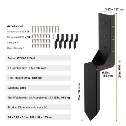 Fence Post Anchor Repair Kit, 6 Pack Inner Diameter 3.5 x3.5 Inches Heavy Duty Fence Post Support Posts, Anchor Ground Spike for Repairing Tilted, Broken Wooden Fence Post, Enveloping