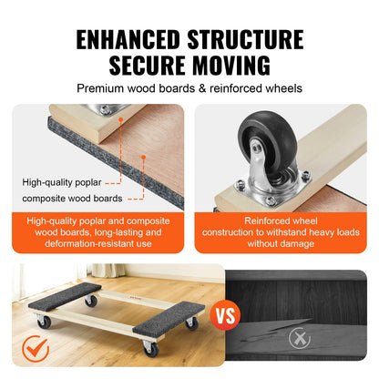 Furniture Dolly, 1000 lbs Load Capacity, 18" x 30", 4 x 3" PP Swivel Casters, Heavy Duty Hardwood Furniture Moving Dolly, Mover's Dolly, Moving Cart with Wheels for Heavy Furniture Home Cleaning