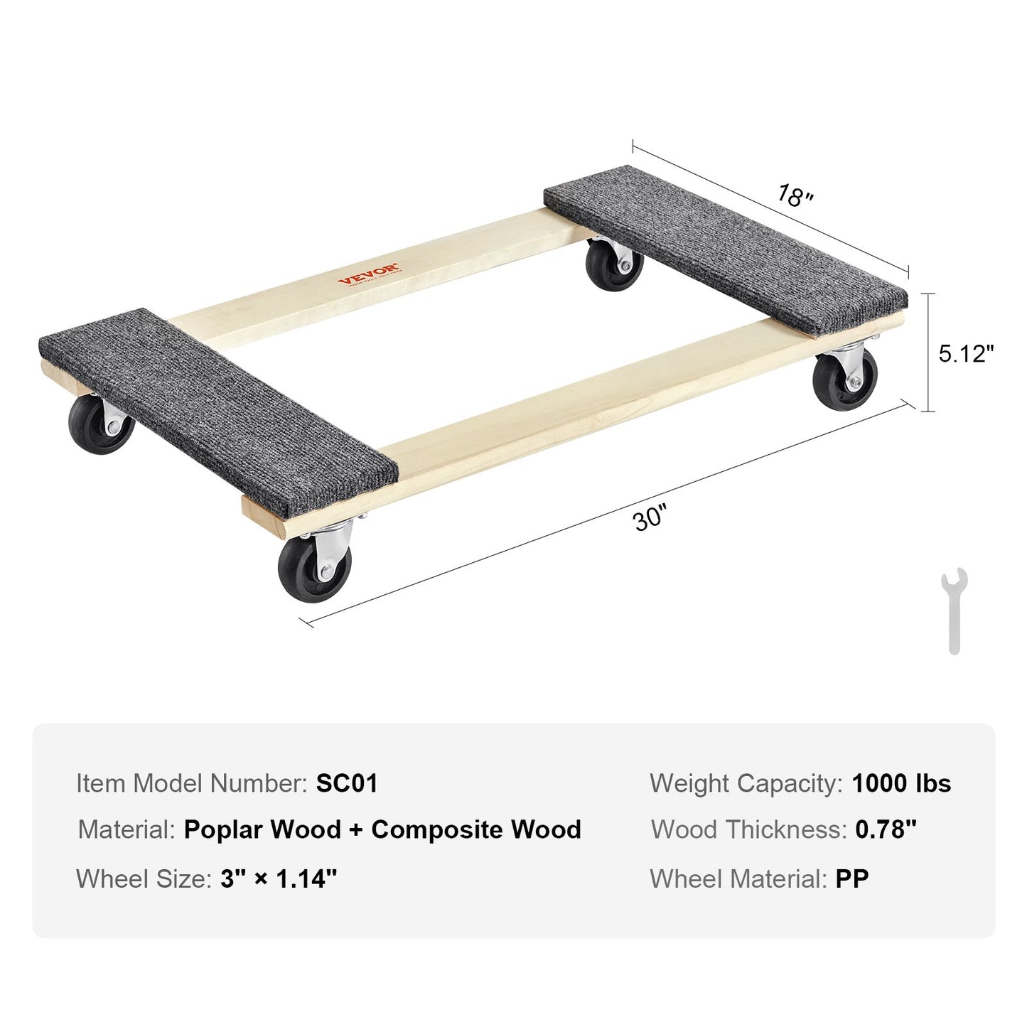 Furniture Dolly, 1000 lbs Load Capacity, 18" x 30", 4 x 3" PP Swivel Casters, Heavy Duty Hardwood Furniture Moving Dolly, Mover's Dolly, Moving Cart with Wheels for Heavy Furniture Home Cleaning