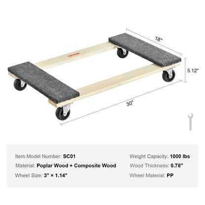Furniture Dolly, 1000 lbs Load Capacity, 18" x 30", 4 x 3" PP Swivel Casters, Heavy Duty Hardwood Furniture Moving Dolly, Mover's Dolly, Moving Cart with Wheels for Heavy Furniture Home Cleaning