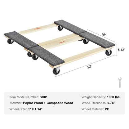 Furniture Dolly, 1000 lbs Each Load Capacity, 2 Packs, 18" x 30", 8 x 3" PP Swivel Casters, Heavy Duty Hardwood Furniture Moving Dolly, Mover's Dolly, Moving Cart with Wheels for Heavy Furniture