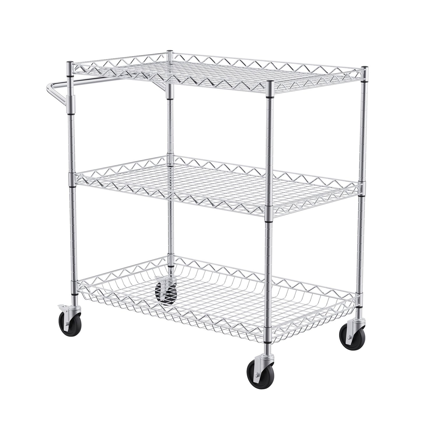Kitchen Utility Cart, 3 Tiers, Wire Rolling Cart with 661LBS Capacity, Steel Service Cart on Wheels, Metal Storage Trolley with 80mm Deep Basket Curved Handle 6 Hooks, for Indoor and Outdoor Use