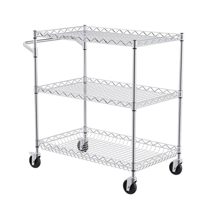 Kitchen Utility Cart, 3 Tiers, Wire Rolling Cart with 661LBS Capacity, Steel Service Cart on Wheels, Metal Storage Trolley with 80mm Deep Basket Curved Handle 6 Hooks, for Indoor and Outdoor Use