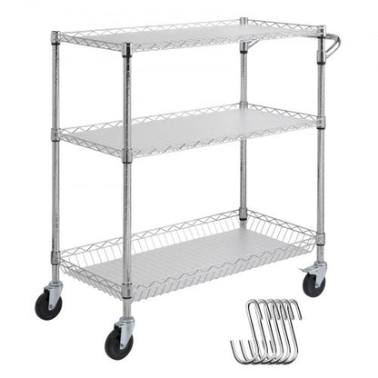 Kitchen Utility Cart, 3 Tiers, Wire Rolling Cart with 661LBS Capacity, Steel Service Cart on Wheels, Metal Storage Trolley with 80mm Basket Curved Handle PP Liner 6 Hooks, for Indoor and Outdoor