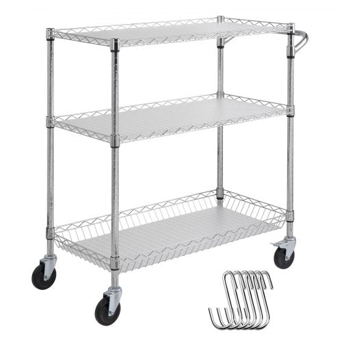 Kitchen Utility Cart, 3 Tiers, Wire Rolling Cart with 661LBS Capacity, Steel Service Cart on Wheels, Metal Storage Trolley with 80mm Basket Curved Handle PP Liner 6 Hooks, for Indoor and Outdoor