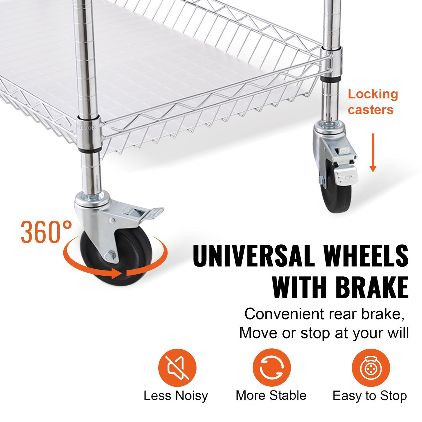 Kitchen Utility Cart, 3 Tiers, Wire Rolling Cart with 661LBS Capacity, Steel Service Cart on Wheels, Metal Storage Trolley with 80mm Basket Curved Handle PP Liner 6 Hooks, for Indoor and Outdoor