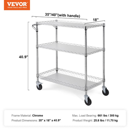 Kitchen Utility Cart, 3 Tiers, Wire Rolling Cart with 661LBS Capacity, Steel Service Cart on Wheels, Metal Storage Trolley with 80mm Basket Curved Handle PP Liner 6 Hooks, for Indoor and Outdoor