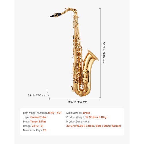 Gold Brass Tenor Saxophone B Flat Sax Beginner Kit with Mouthpiece | EU