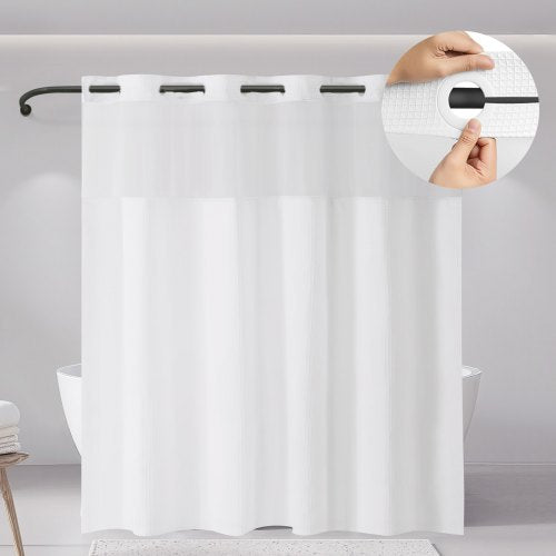 No Hook Shower Curtain, 2-in-1 Waterproof Waffle Weave Shower Curtains, 240 GSM Curtain with Snap-in Liner, See-Through Window, and Magnets, for Bathroom Showers & Bath Tubs, 74x71 in (White)