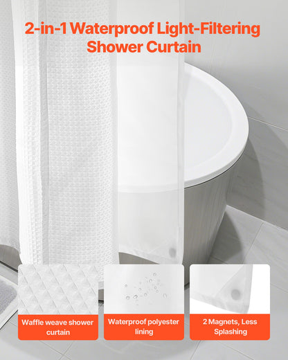 No Hook Shower Curtain, 2-in-1 Waterproof Waffle Weave Shower Curtains, 240 GSM Curtain with Snap-in Liner, See-Through Window, and Magnets, for Bathroom Showers & Bath Tubs, 74x71 in (White)