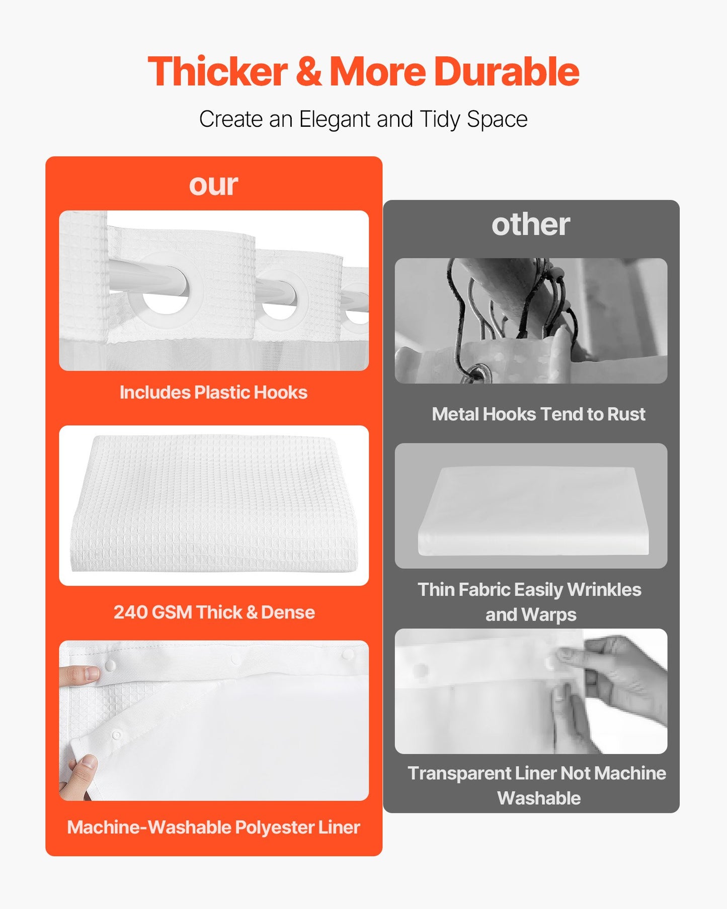 No Hook Shower Curtain, 2-in-1 Waterproof Waffle Weave Shower Curtains, 240 GSM Curtain with Snap-in Liner, See-Through Window, and Magnets, for Bathroom Showers & Bath Tubs, 74x71 in (White)