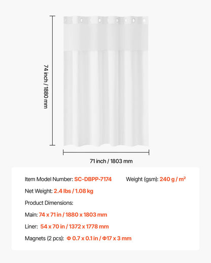 No Hook Shower Curtain, 2-in-1 Waterproof Waffle Weave Shower Curtains, 240 GSM Curtain with Snap-in Liner, See-Through Window, and Magnets, for Bathroom Showers & Bath Tubs, 74x71 in (White)