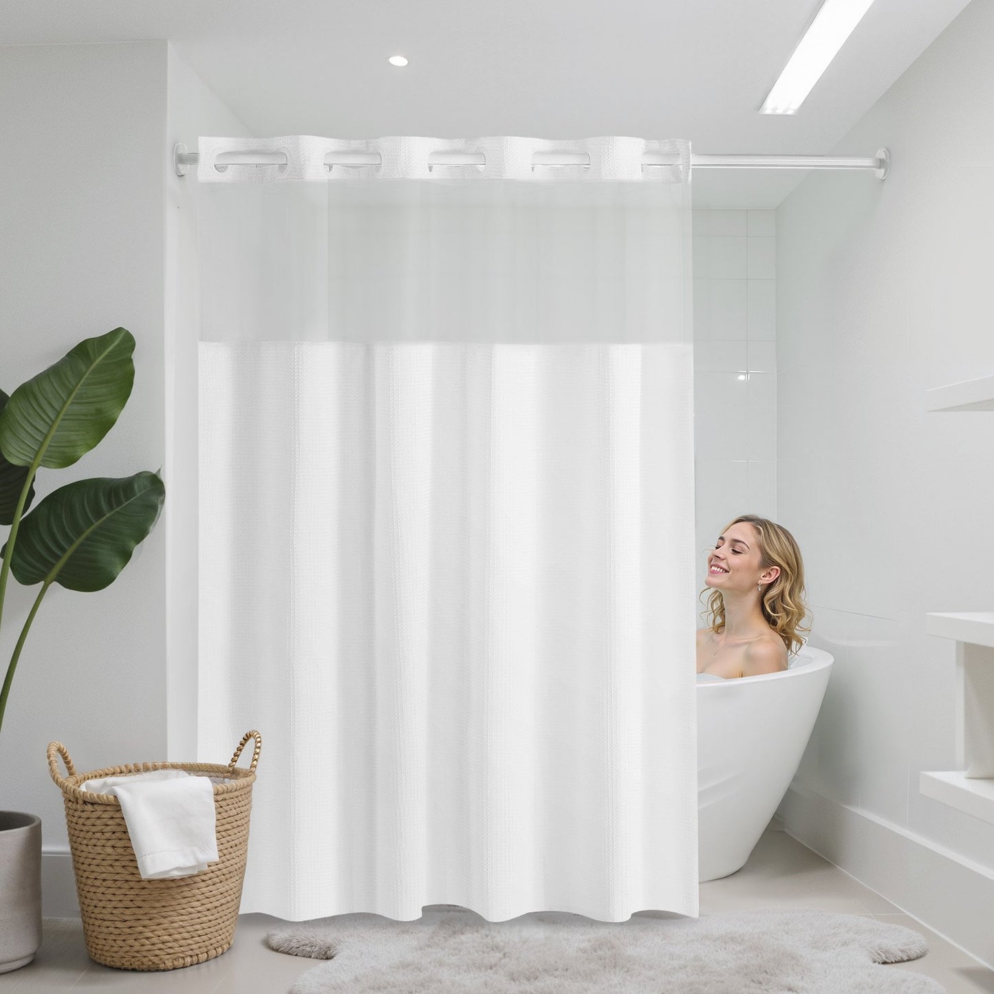 No Hook Shower Curtain, 2-in-1 Waterproof Waffle Weave Shower Curtains, 240 GSM Curtain with Snap-in Liner, See-Through Window, and Magnets, for Bathroom Showers & Bath Tubs, 74x71 in (White)