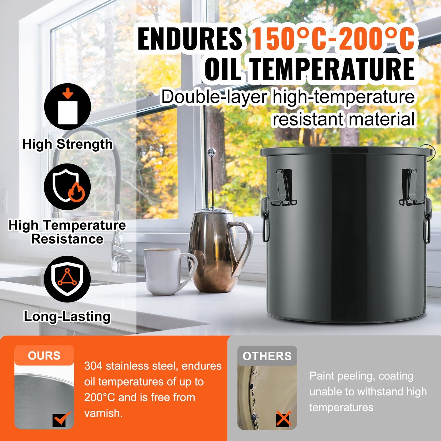 Deep Fryer Grease Bucket, 10 Gal Oil Disposal Caddy Stainless Steel Deep Fryer Oil Bucket Rustproof Coating, Oil Transport Container with Lid, Locking Clips, Filter Bag for Hot Cooking Oil Filtration, Black