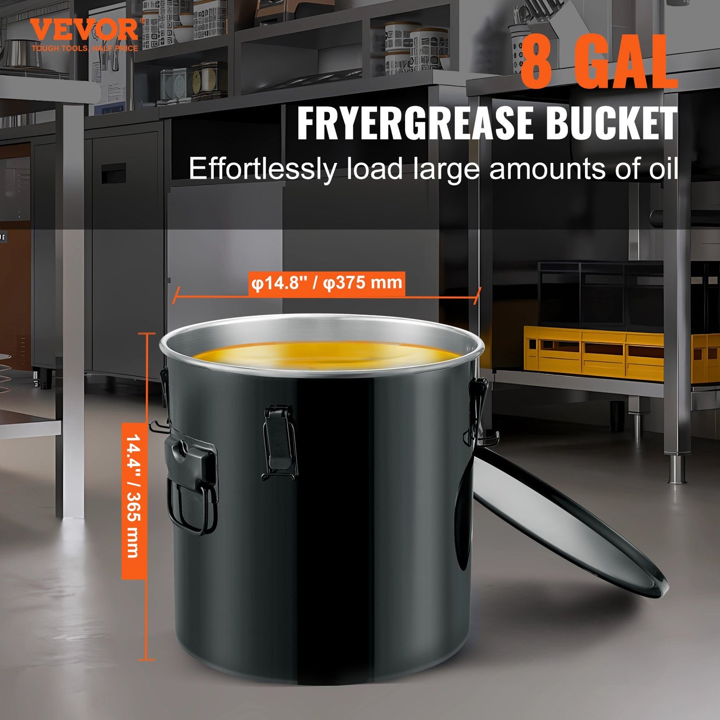 Fryer Grease Bucket, 8 Gal Oil Disposal Caddy Stainless Steel Fryer Oil Bucket Rustproof Coating, Oil Transport Container with Lid, Locking Clips, Filter Bag for Hot Cooking Oil Filtration, Black