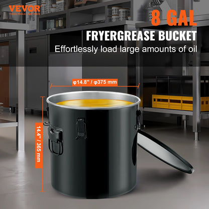 Fryer Grease Bucket, 8 Gal Oil Disposal Caddy Stainless Steel Fryer Oil Bucket Rustproof Coating, Oil Transport Container with Lid, Locking Clips, Filter Bag for Hot Cooking Oil Filtration, Black