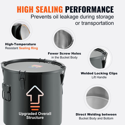 Fryer Grease Bucket, 8 Gal Oil Disposal Caddy Stainless Steel Fryer Oil Bucket Rust-Proof Coating, Oil Transport Container with Lid, Lock Clips, Filter Bag for Hot Cooking Oil Filtering, Black
