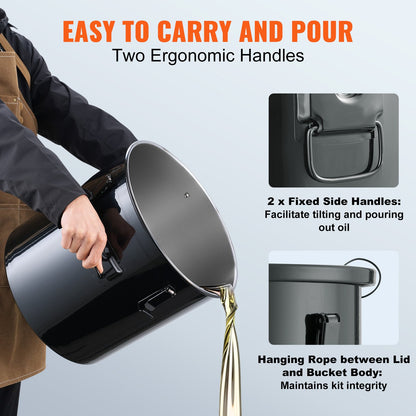 Fryer Grease Bucket, 8 Gal Oil Disposal Caddy Stainless Steel Fryer Oil Bucket Rust-Proof Coating, Oil Transport Container with Lid, Lock Clips, Filter Bag for Hot Cooking Oil Filtering, Black
