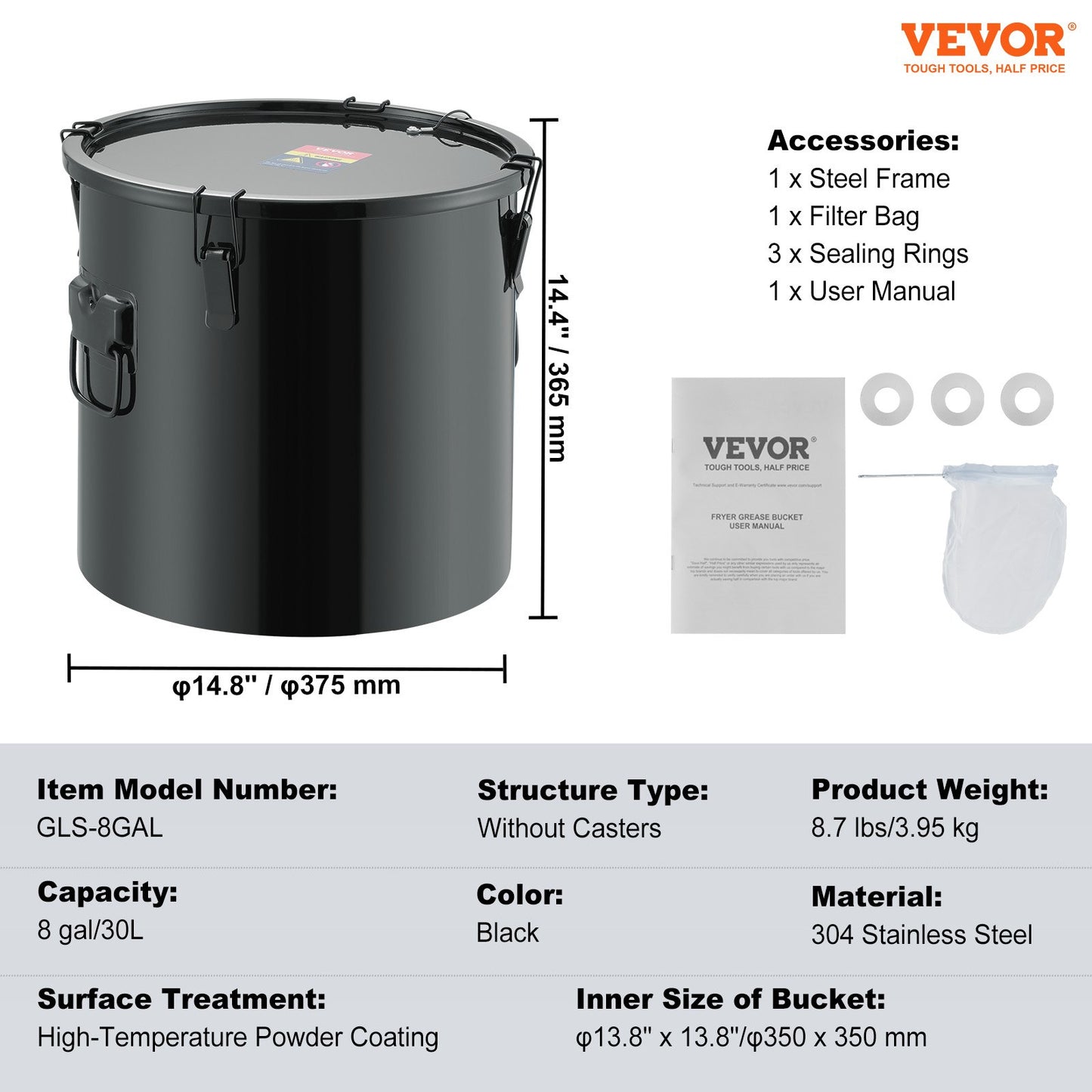 Fryer Grease Bucket, 8 Gal Oil Disposal Caddy Stainless Steel Fryer Oil Bucket Rustproof Coating, Oil Transport Container with Lid, Locking Clips, Filter Bag for Hot Cooking Oil Filtration, Black