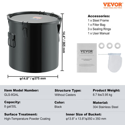 Fryer Grease Bucket, 8 Gal Oil Disposal Caddy Stainless Steel Fryer Oil Bucket Rustproof Coating, Oil Transport Container with Lid, Locking Clips, Filter Bag for Hot Cooking Oil Filtration, Black