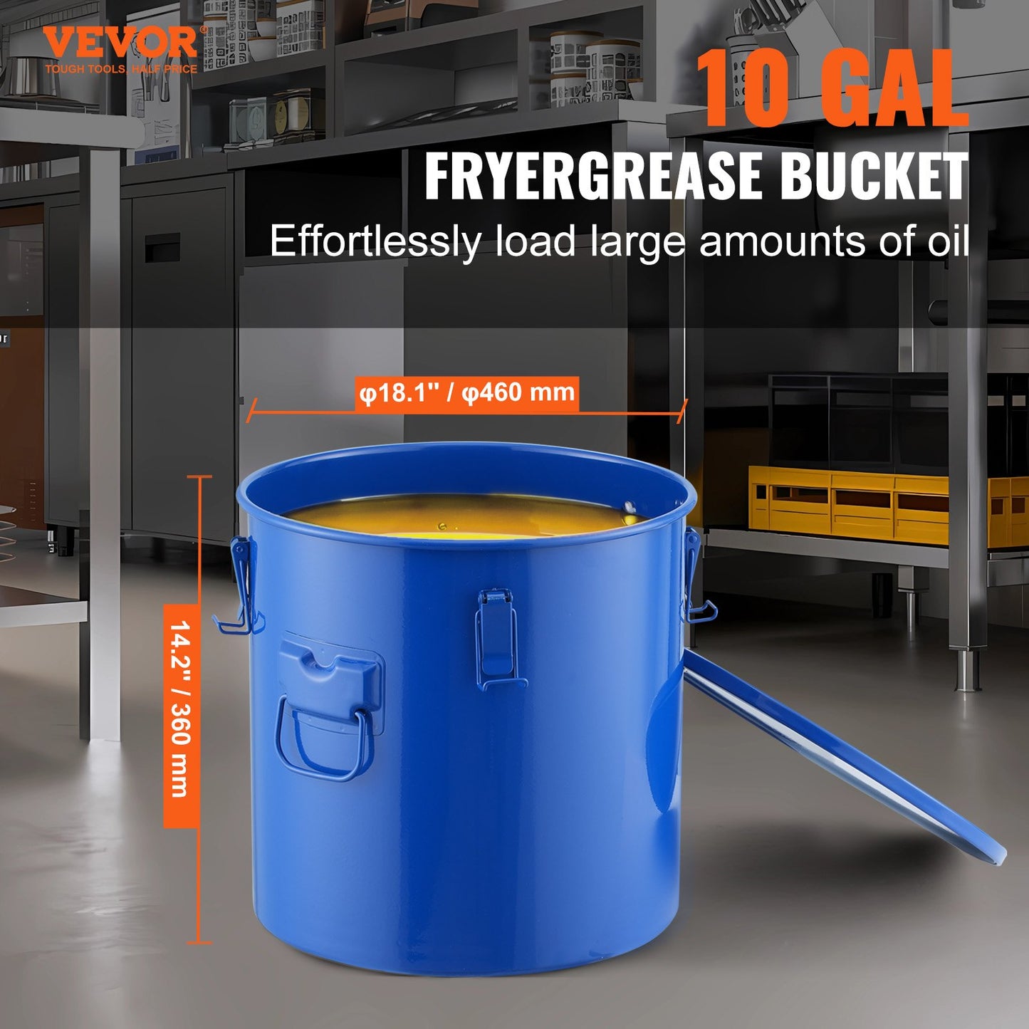 Fryer Grease Bucket, 10 Gal Oil Disposal Caddy Carbon Steel Fryer Oil Bucket with Rust-Proof Coating, Oil Transport Container with Lid, Lock Clips, Filter Bag for Hot Cooking Oil Filtering, Blue