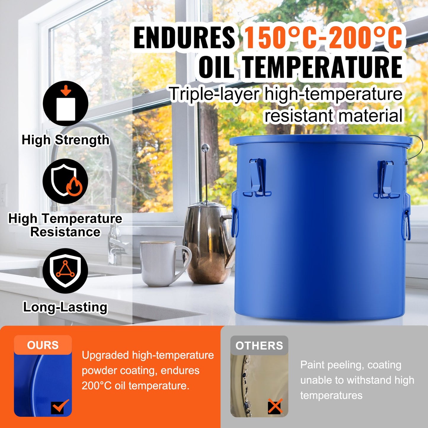 Fryer Grease Bucket, 10 Gal Oil Disposal Caddy Carbon Steel Fryer Oil Bucket with Rust-Proof Coating, Oil Transport Container with Lid, Lock Clips, Filter Bag for Hot Cooking Oil Filtering, Blue