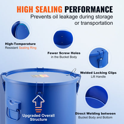 Fryer Grease Bucket, 10 Gal Oil Disposal Caddy Carbon Steel Fryer Oil Bucket with Rust-Proof Coating, Oil Transport Container with Lid, Lock Clips, Filter Bag for Hot Cooking Oil Filtering, Blue