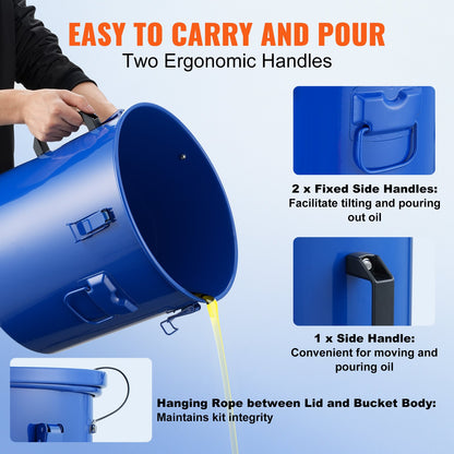 Fryer Grease Bucket, 10 Gal Oil Disposal Caddy Carbon Steel Fryer Oil Bucket with Rust-Proof Coating, Oil Transport Container with Lid, Lock Clips, Filter Bag for Hot Cooking Oil Filtering, Blue