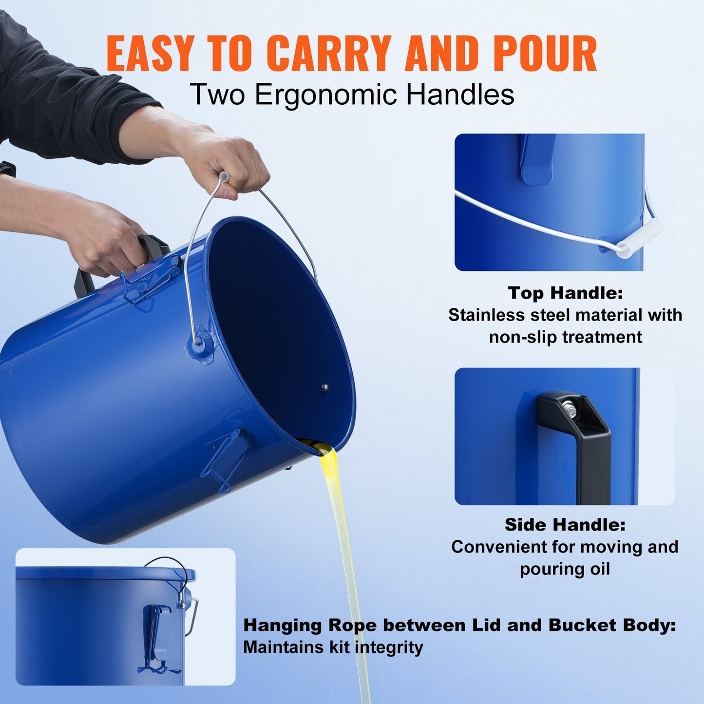 Fryer Grease Bucket, 6 Gal Oil Disposal Caddy Carbon Steel Fryer Oil Bucket with Rust-Proof Coating, Oil Transport Container with Lid, Lock Clips, Filter Bag for Hot Cooking Oil Filtering, Blue