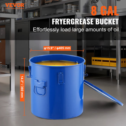 Fryer Grease Bucket, 8 Gal Oil Disposal Caddy Carbon Steel Fryer Oil Bucket with Rustproof Coating, Oil Transport Container with Lid, Locking Clips, Filter Bag for Hot Cooking Oil Filtration, Blue