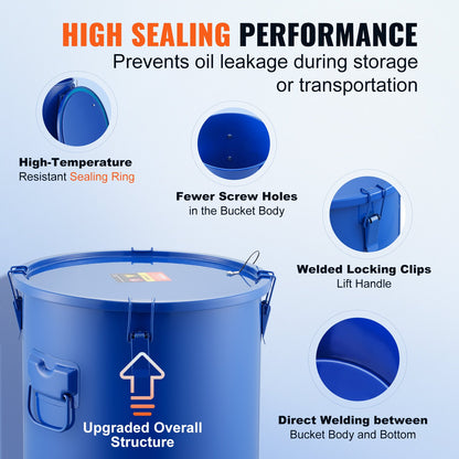 Fryer Grease Bucket, 8 Gal Oil Disposal Caddy Carbon Steel Fryer Oil Bucket with Rustproof Coating, Oil Transport Container with Lid, Locking Clips, Filter Bag for Hot Cooking Oil Filtration, Blue