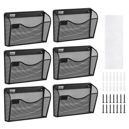 File Wall Rack, Six-Piece 1 Pocket Mesh Wall File Holder, Wall Mounted Magazine Mail Paper & Document Storage Folder, Metal Wall File Organizer with Nametag Label, for Office Home & School