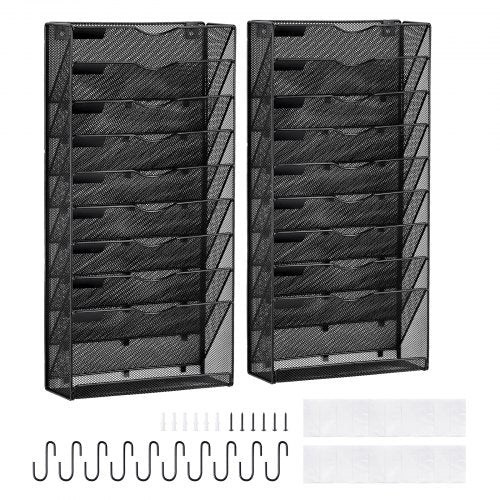 File Wall Rack, Two-Piece 10 Pockets Mesh Wall File Holder, Wall Mounted Magazine Mail Paper & Document Storage Folder, Metal Wall File Organizer with Nametag Label, for Office Home & School