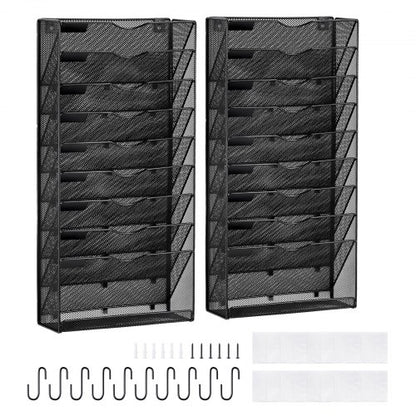 File Wall Rack, Two-Piece 10 Pockets Mesh Wall File Holder, Wall Mounted Magazine Mail Paper & Document Storage Folder, Metal Wall File Organizer with Nametag Label, for Office Home & School