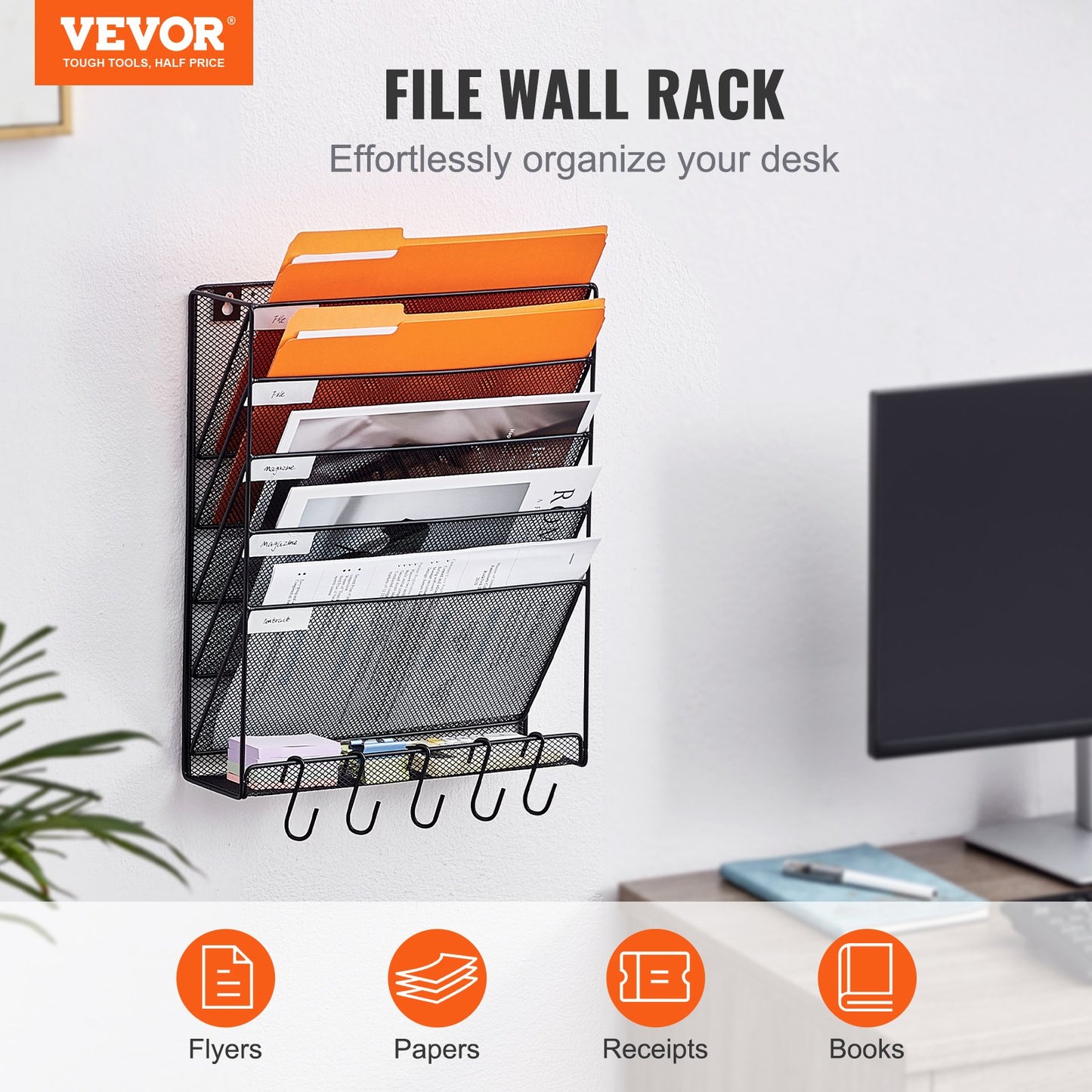 File Wall Rack Mesh Wall File Holder 1-Piece 6 Pockets for Office/School