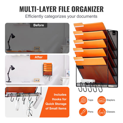 File Wall Rack Mesh Wall File Holder 1-Piece 6 Pockets for Office/School