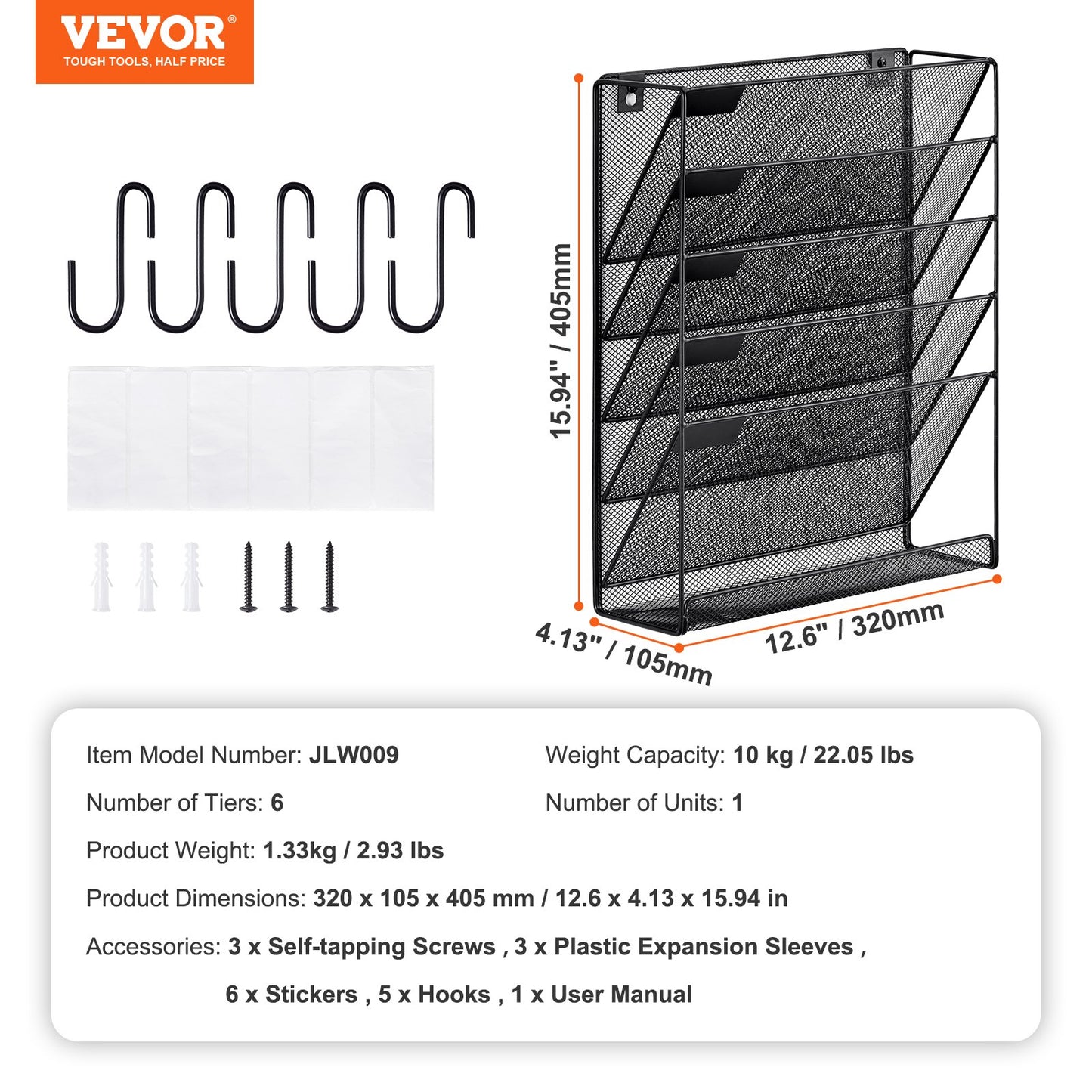 File Wall Rack Mesh Wall File Holder 1-Piece 6 Pockets for Office/School