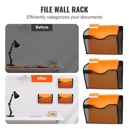 File Wall Rack, Three-Piece 1 Pocket Mesh Wall File Holder, Wall Mounted Magazine Mail Paper & Document Storage Folder, Metal Wall File Organizer with Nametag Label, for Office Home & School